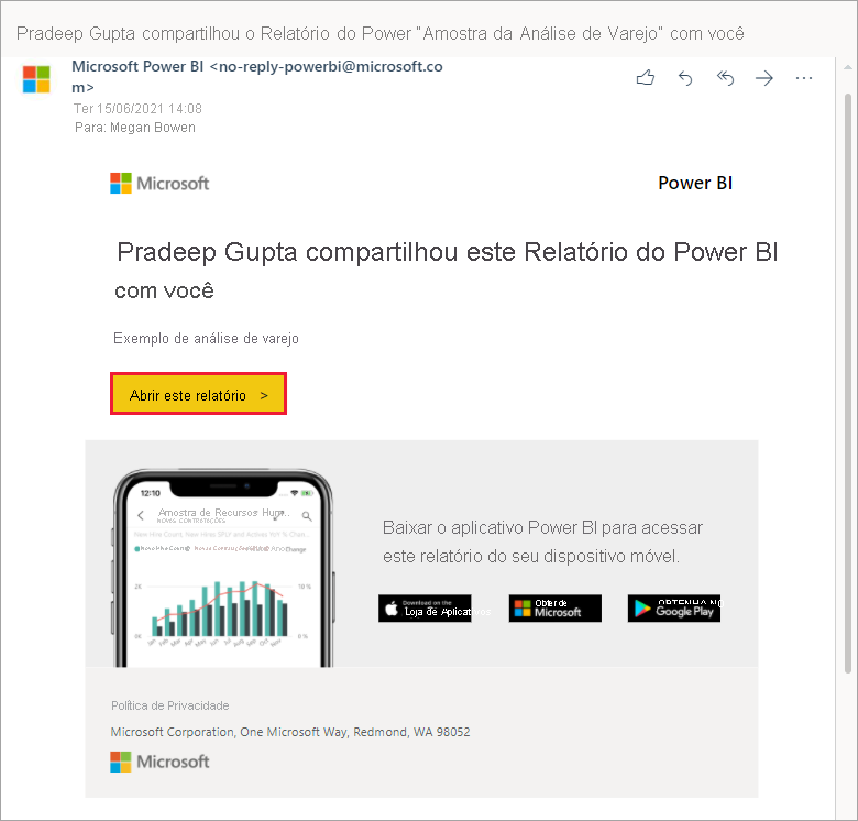 Uma captura de tela que mostra um email que contém um link para um relatório.