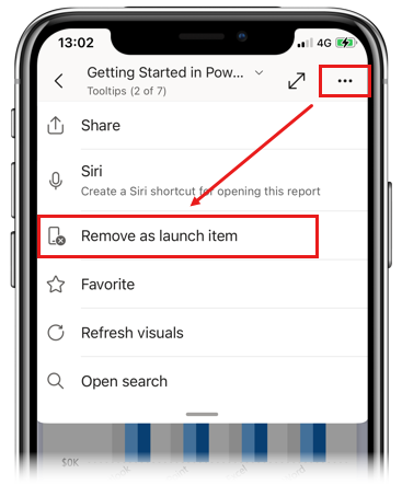 Captura de tela da opção Remover como item de inicialização nos aplicativos móveis do Power BI.