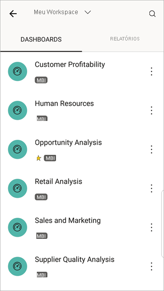 A captura de tela mostra a tela de um celular Android com Meu espaço de trabalho com DASHBOARDS selecionados.