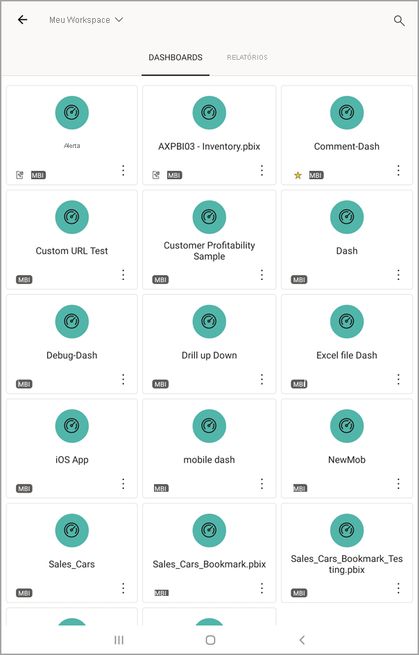 A captura de tela mostra a tela de um tablet Android com Meu espaço de trabalho com DASHBOARDS selecionados.