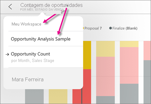 Captura de tela de um dashboard mostrando ponteiros para Meu workspace e Exemplo de Análise de Oportunidade.