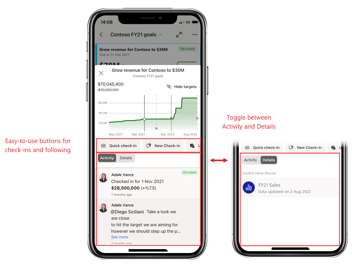 Captura de tela do novo e aprimorado painel de detalhes de métricas no aplicativo Power BI Mobile.