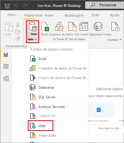 Captura de tela do Power BI Desktop, realçando a seleção da Web no menu suspenso Obter Dados.