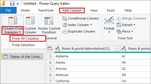 Captura de tela do Editor do Power Query, realçando Adicionar Coluna, Coluna com base em exemplos e De todas as colunas.