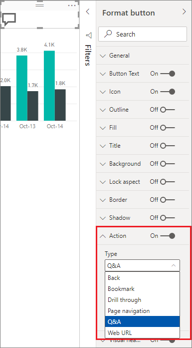 Captura de tela mostrando as seleções de Ação para um botão no Power BI.