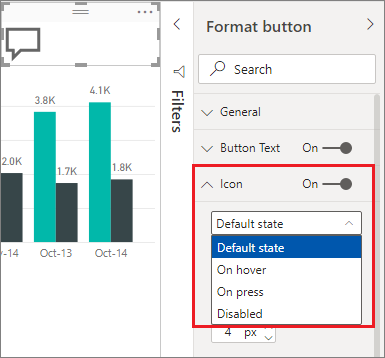 Captura de tela mostrando o estado Ao focalizar de um botão em um relatório do Power BI.