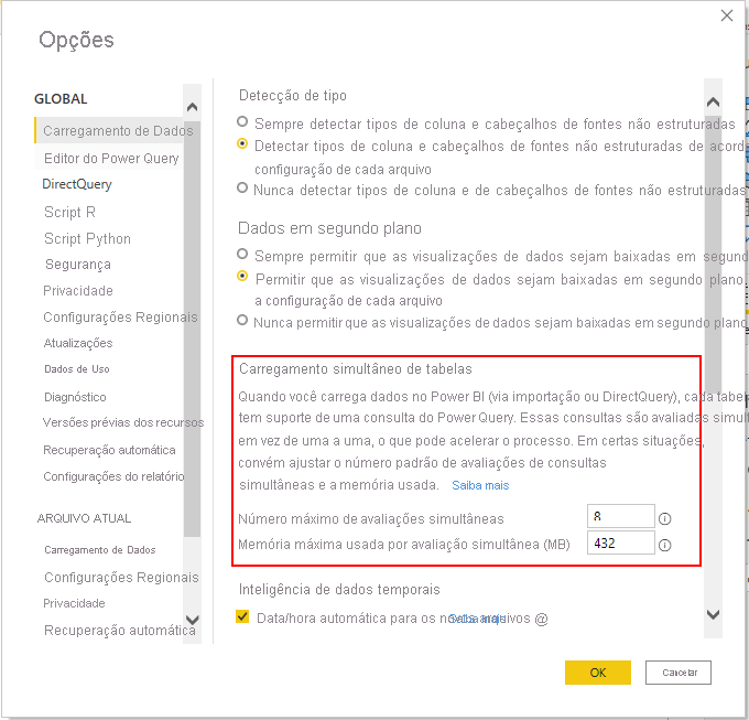 Como alterar configurações de paralelização de carregamento de dados no Power BI Desktop