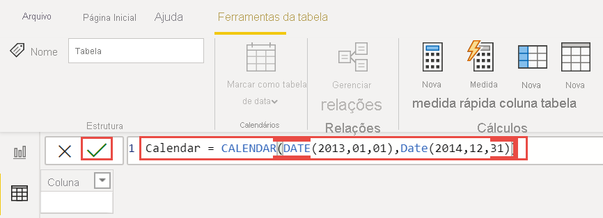 Captura de tela da expressão DAX de Calendário.