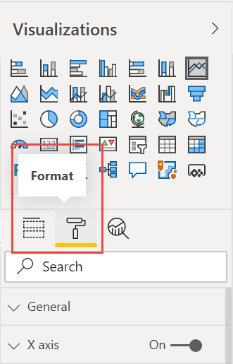 Captura de tela da guia Formato no painel Visualizações.