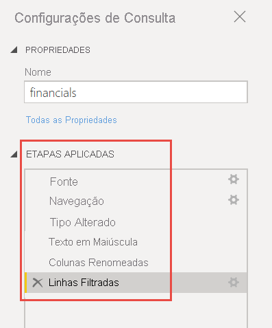 Captura de tela da lista de etapas aplicadas.