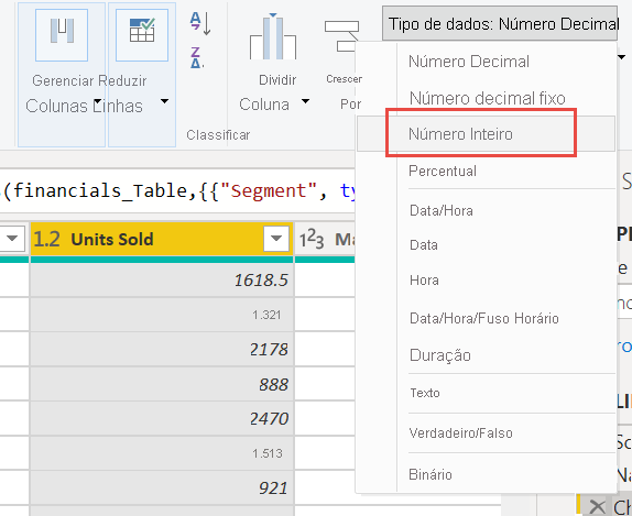 Captura de tela da alteração de um número decimal para um número inteiro.