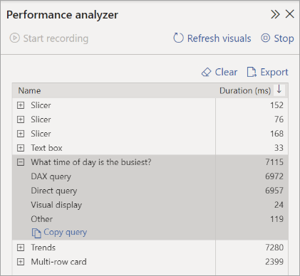 Caixa de diálogo do Performance analyzer