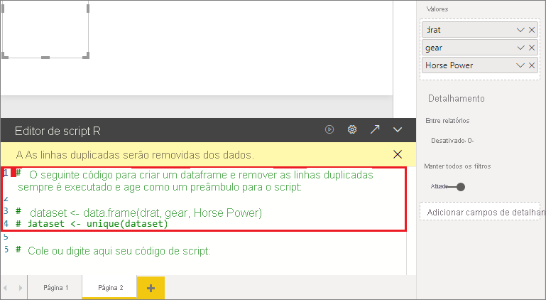 Captura de tela do editor de script de R, realçando o código de script.