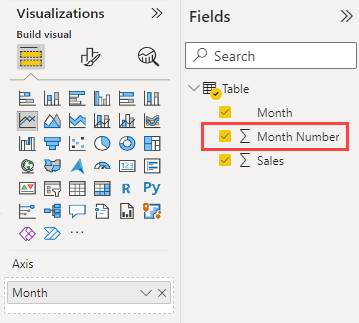 Captura de tela dos painéis Visualizações e Campos no serviço do Power BI. No painel Campos, o campo Número do Mês está destacado.