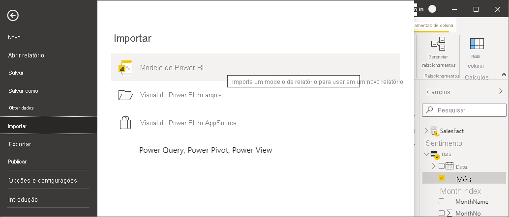 Captura de tela do Power BI Desktop que mostra o botão Importar.