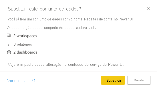 Captura de tela de uma caixa de diálogo de aviso Substituir este modelo semântico.