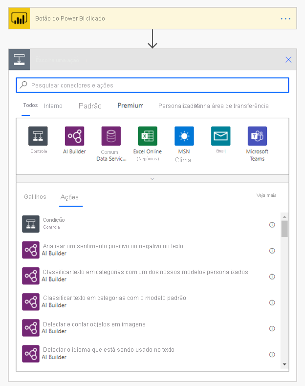 A captura de tela mostra a escolha de ações para o fluxo.