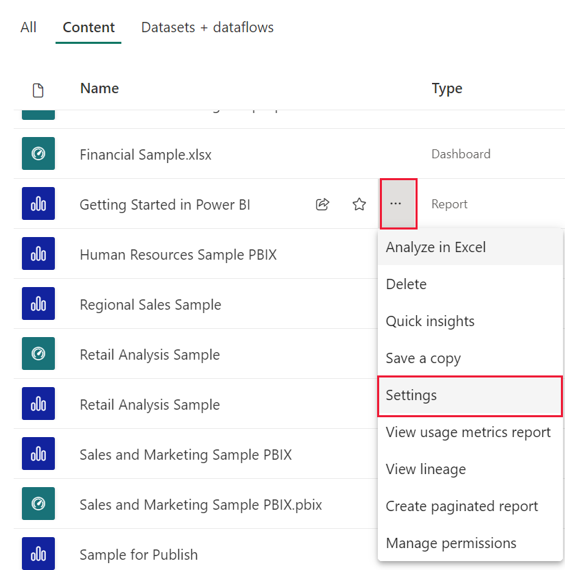 Captura de tela realçando as Configurações de relatório no serviço do Power BI.