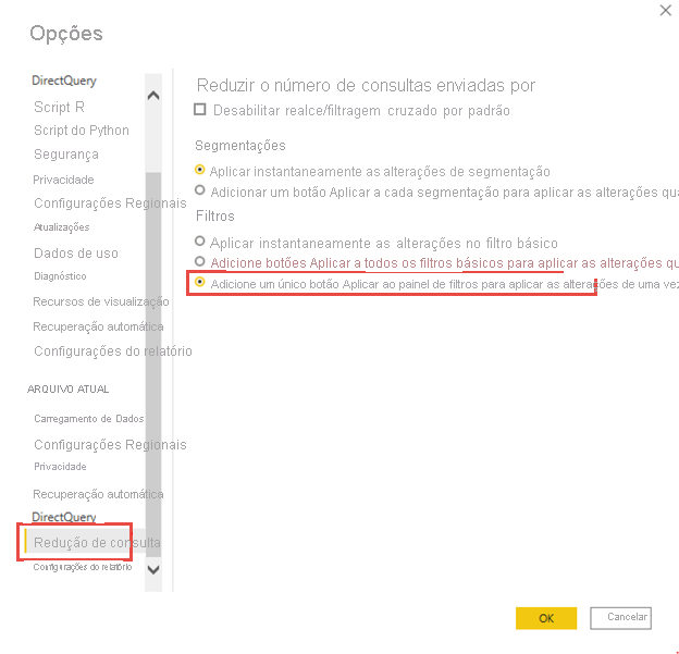 Captura de tela do menu Opções, realçando Adicionar apenas um botão Aplicar ao painel de filtros para aplicar as alterações de uma só vez.