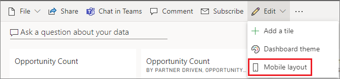 Screenshot of the Edit dropdown menu, highlighting Mobile layout.