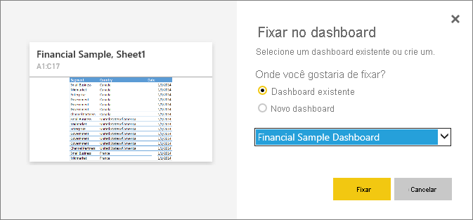 Captura de tela mostrando a caixa de diálogo Fixar no dashboard.