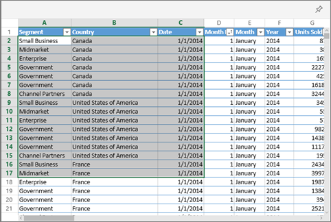 Captura de tela mostrando as células selecionadas em uma pasta de trabalho do Excel.