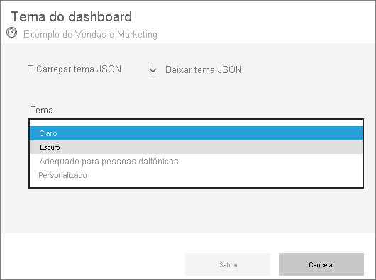 Captura de tela da janela Tema do dashboard e do menu suspenso.