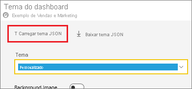 Captura de tela da janela Tema do dashboard, realçando a opção Carregar tema JSON.