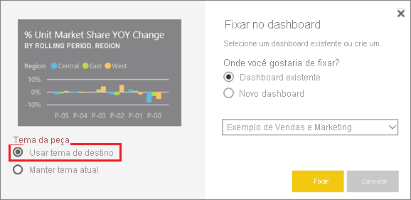 Captura de tela da janela Fixar no dashboard, realçando a opção Usar tema de destino.