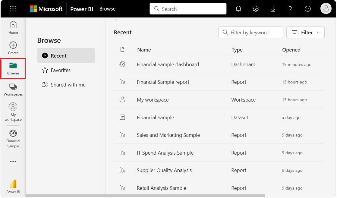 Captura de tela da nova página Procurar no serviço do Power BI.