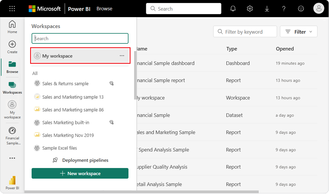 Captura de tela que mostra o novo posicionamento de Meu workspace no menu estendido Workspaces abaixo da caixa Pesquisar.