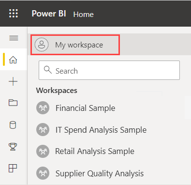 Captura de tela que mostra o item Meu workspace acima da caixa Pesquisar no menu estendido Workspaces.