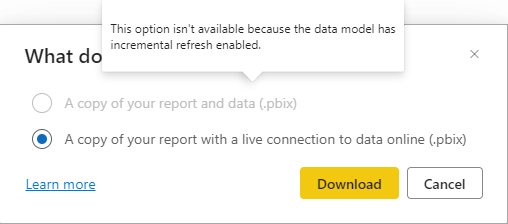 Uma captura de tela da caixa de diálogo para relatórios que são baseados em um modelo semântico configurado para atualização incremental.