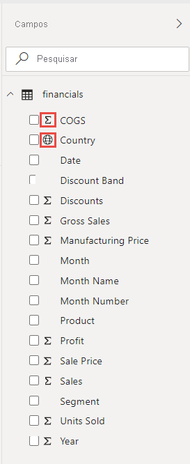 Captura de tela do painel Dados mostrando colunas do Excel como campos na tabela financeira.