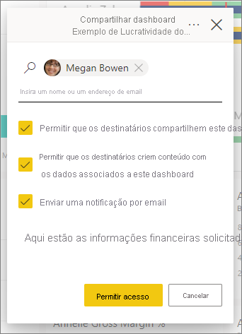 Captura de tela do painel Compartilhar dashboard, com todas as opções selecionadas.