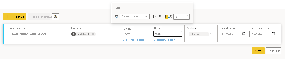 Captura de tela de Na nova métrica, selecione um formato de número.