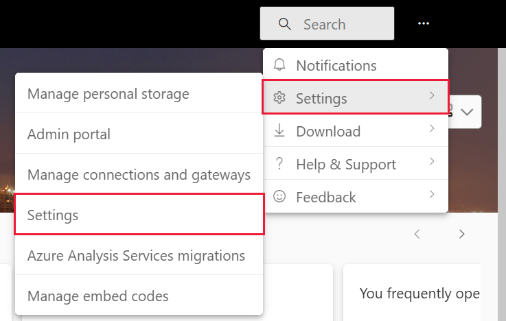 Captura de tela do Power BI, destacando Configurações e Configurações.