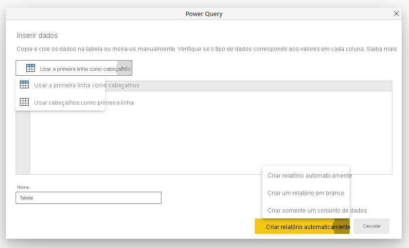 Captura de tela da janela Power Query para inserir dados.