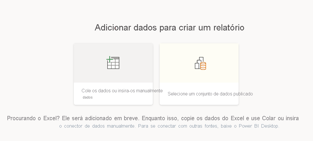 Captura de tela das opções Adicionar dados para criar um relatório.