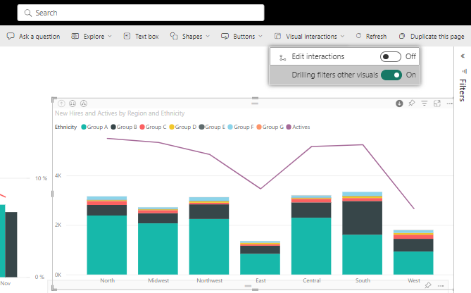 Captura de tela de serviço do Power BI que mostra O detalhamento filtra outros visuais definido como Ativo.