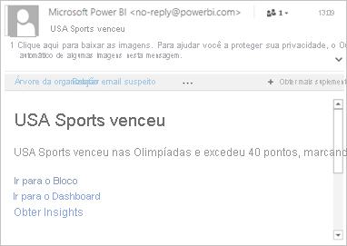 Captura de tela de um email de exemplo com links para o Power BI.