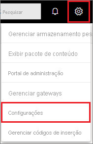 Captura de tela da barra de menus do Power BI, destacando o ícone de engrenagem e a opção Configurações.