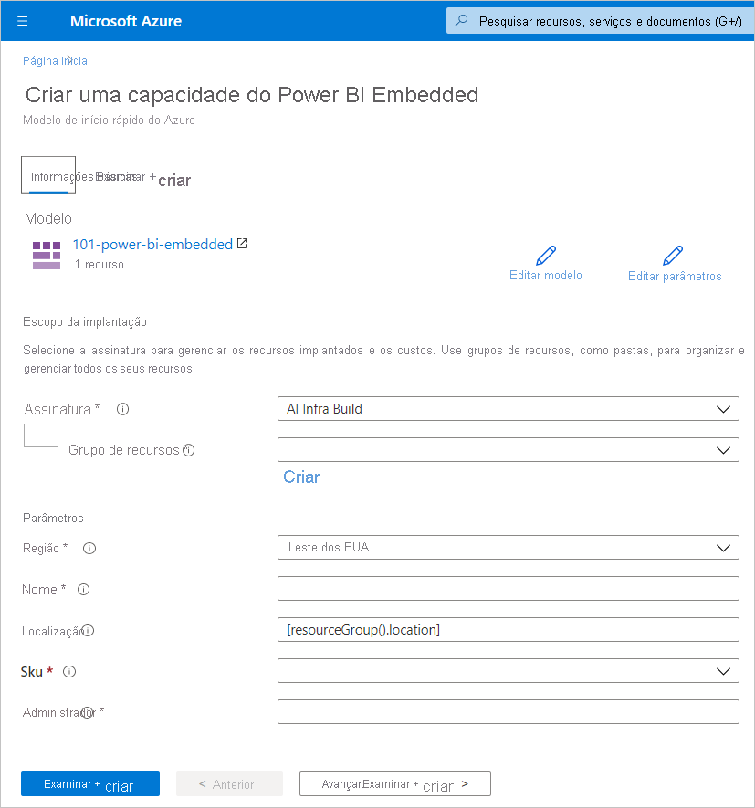 Captura de tela mostrando a guia Noções básicas da página Criar uma capacidade do Power BI Embedded para criar uma capacidade no portal do Azure.