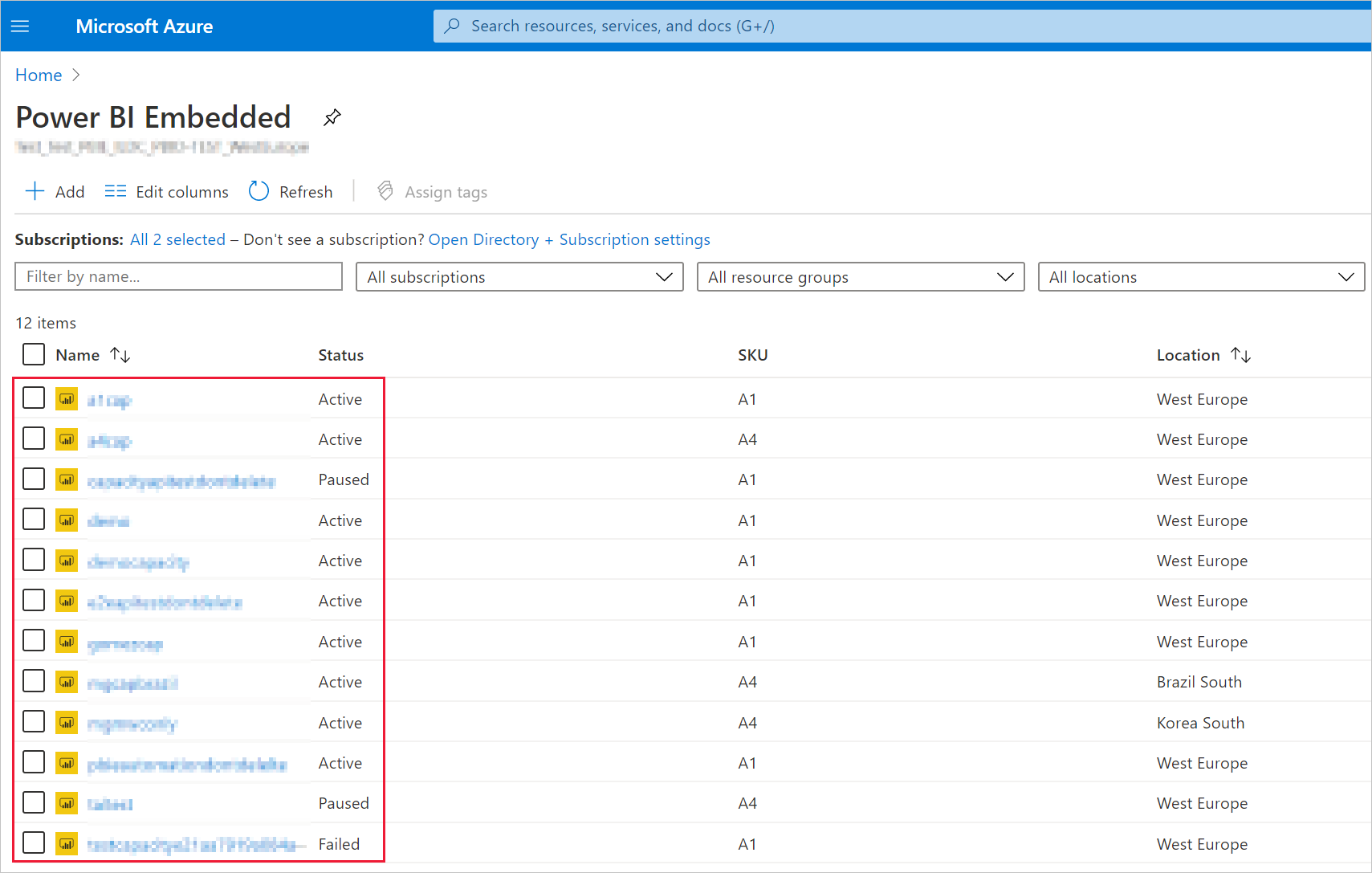 Captura de tela de uma lista de capacidades do Power BI Embedded no portal do Azure.