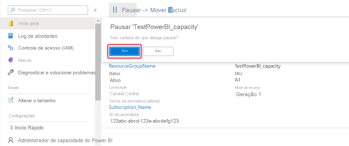 Screenshot of the Azure portal, which shows the highlighted Yes button in the pause capacity dialog.