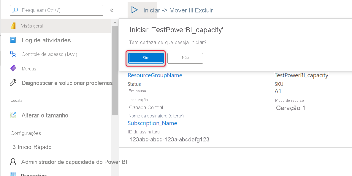 Screenshot of the Azure portal, which shows the highlighted Yes button in the start capacity dialog.