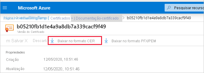 Captura de tela da janela portal do Azure, que mostra o botão Baixar no formato CER realçado.