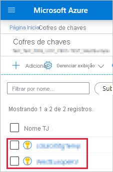 Captura de tela da janela portal do Azure, que mostra uma lista de cofres de chaves desfocados na lista cofres de chaves.