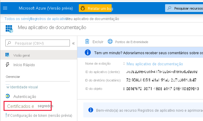 Captura de tela da janela do portal do Azure, que mostra o painel de certificados e segredos para um aplicativo.