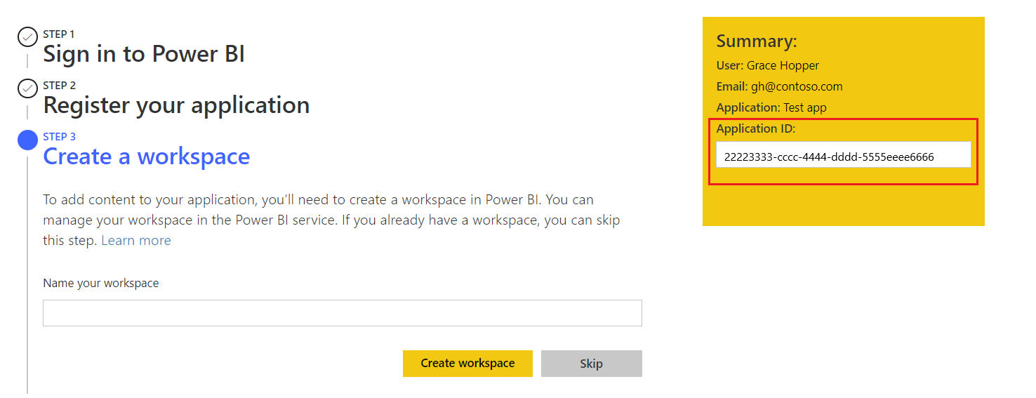 Captura de tela da ferramenta de configuração de análise integrada do Power BI, com uma caixa de Resumo à direita. As informações na caixa incluem uma ID de aplicativo.